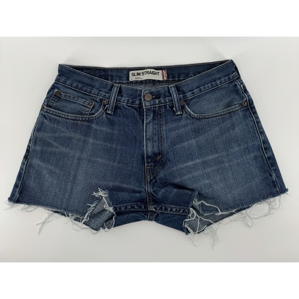 Levi's 514 Slim Straight High Rise Cut Off Blue Denim Shorts Distressed Size 32W
